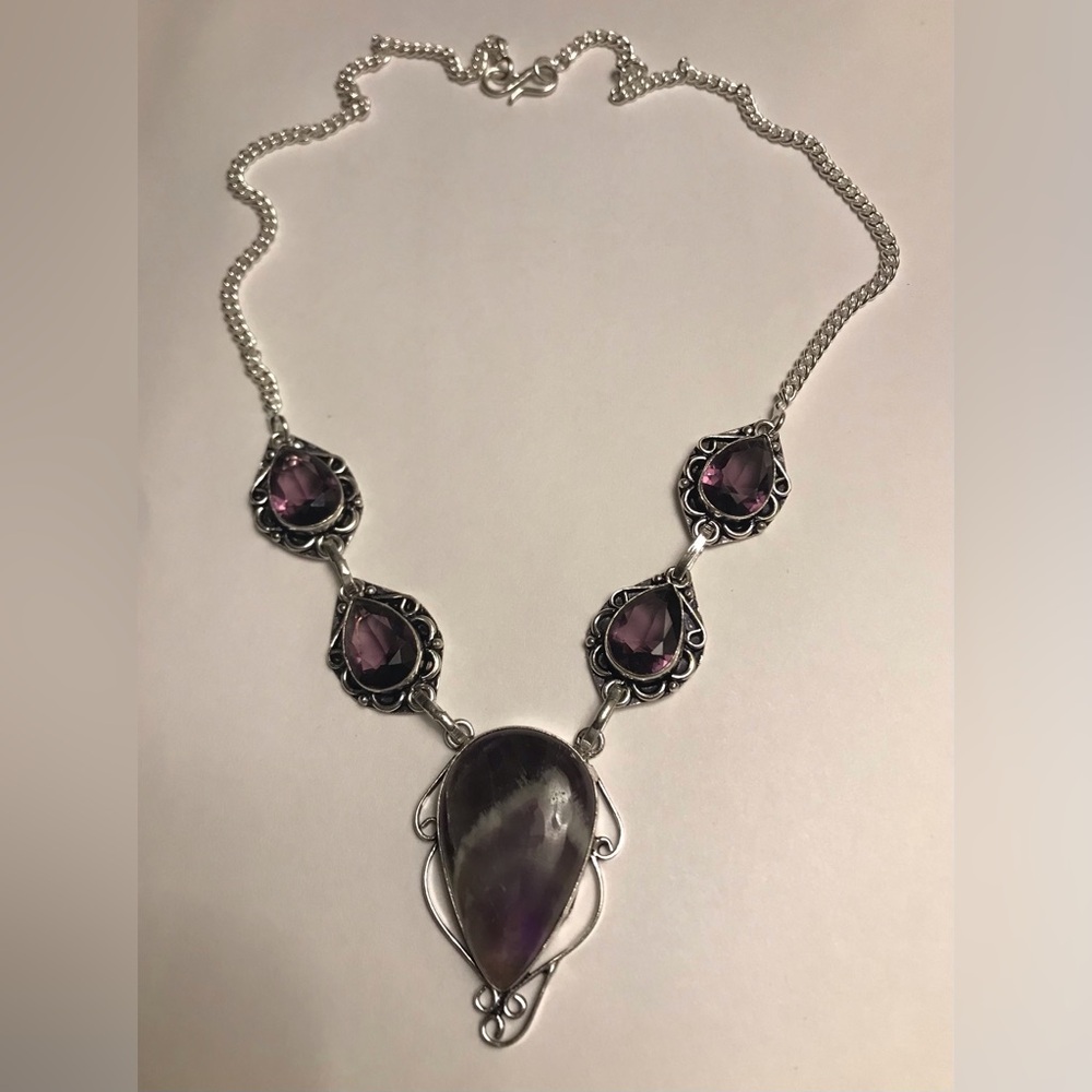 Sage Amethyst Stamped 925 Sterling Silver Necklace - Picture 2 of 3